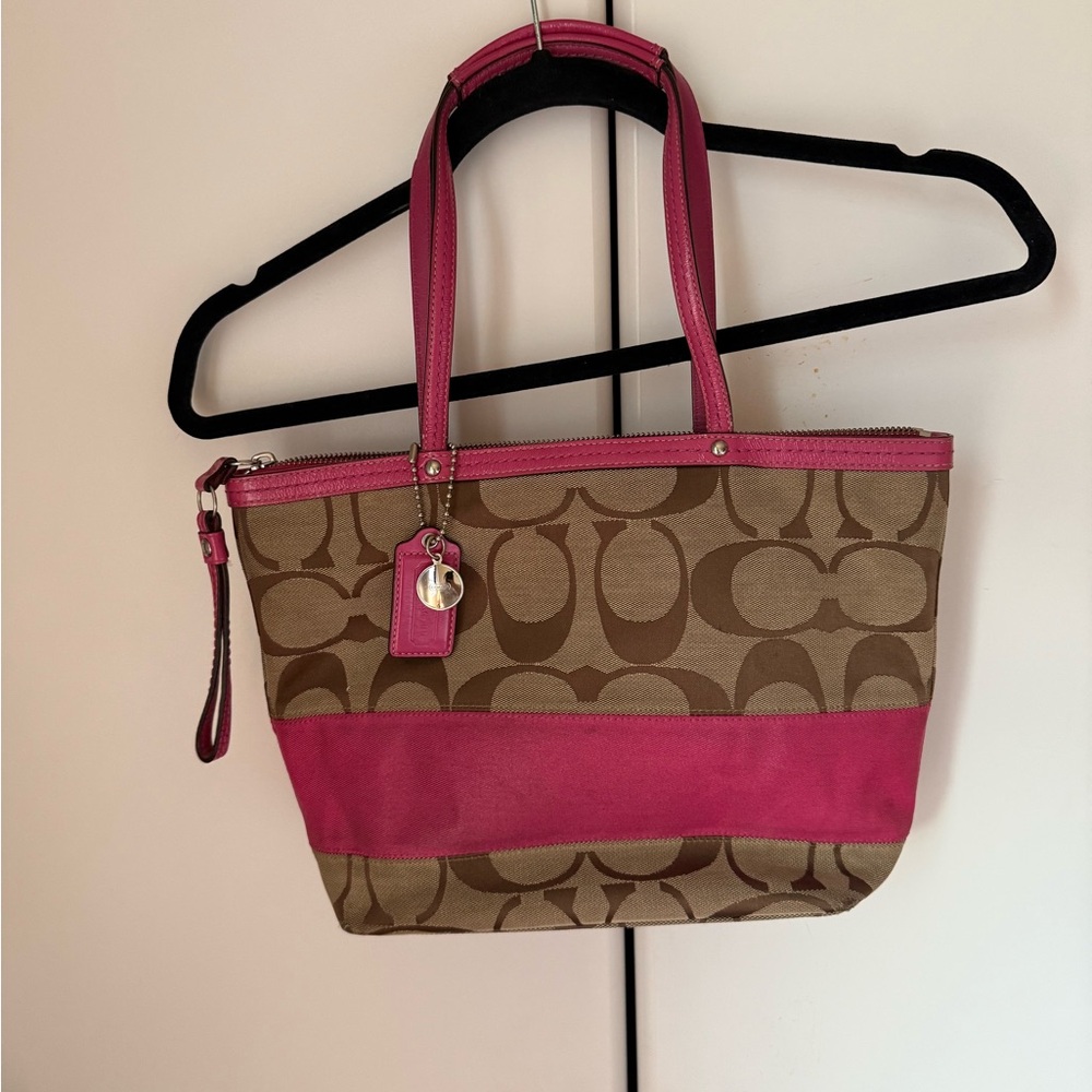 Coach Brown and Pink Signature Shoulder Bag